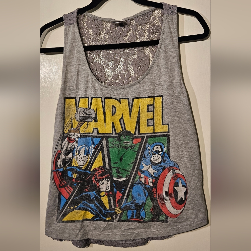 Marvel Avengers Lace Back Graphic Tank Top Gray Size Juniors XL (15–17)